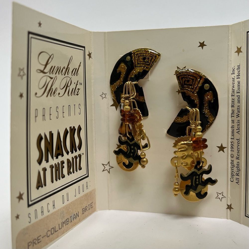 Lunch Snacks At The Ritz Pre Columbian Brie Black Gold Lizard Earrings Vtg 1990s